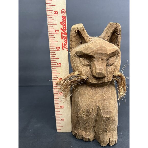 Vintage Rustic Hand Carved Wooden Cat Figurine 7.5" Folk Art Whiskers Primitive - Picture 8 of 10